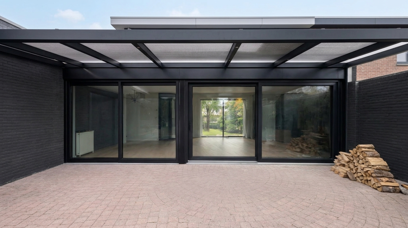 Moderne woning met zwarte kozijnen en grote schuifpui